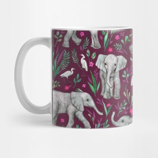 Baby Elephants and Egrets in Watercolor - burgundy red Mug